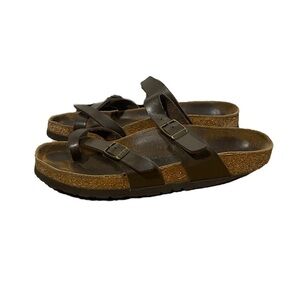 Birkenstock Mayari Women’s Brown Birko-Flor Size 38 Cork Heel Leather Hippie